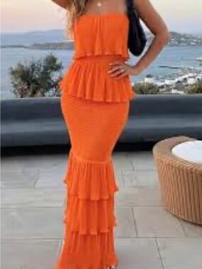 chic Orange Strapless Ruffle Maxi Dress
